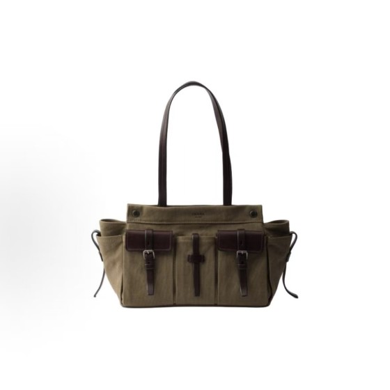 PRADA Route multi-functional pocket design embossed engraved logo handbag, large size for both men and women, couple style, military green